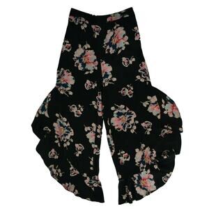 Elevenses Anthropologie Floral Tansy Ruffle Crop Pants Womens 0 Black Satin